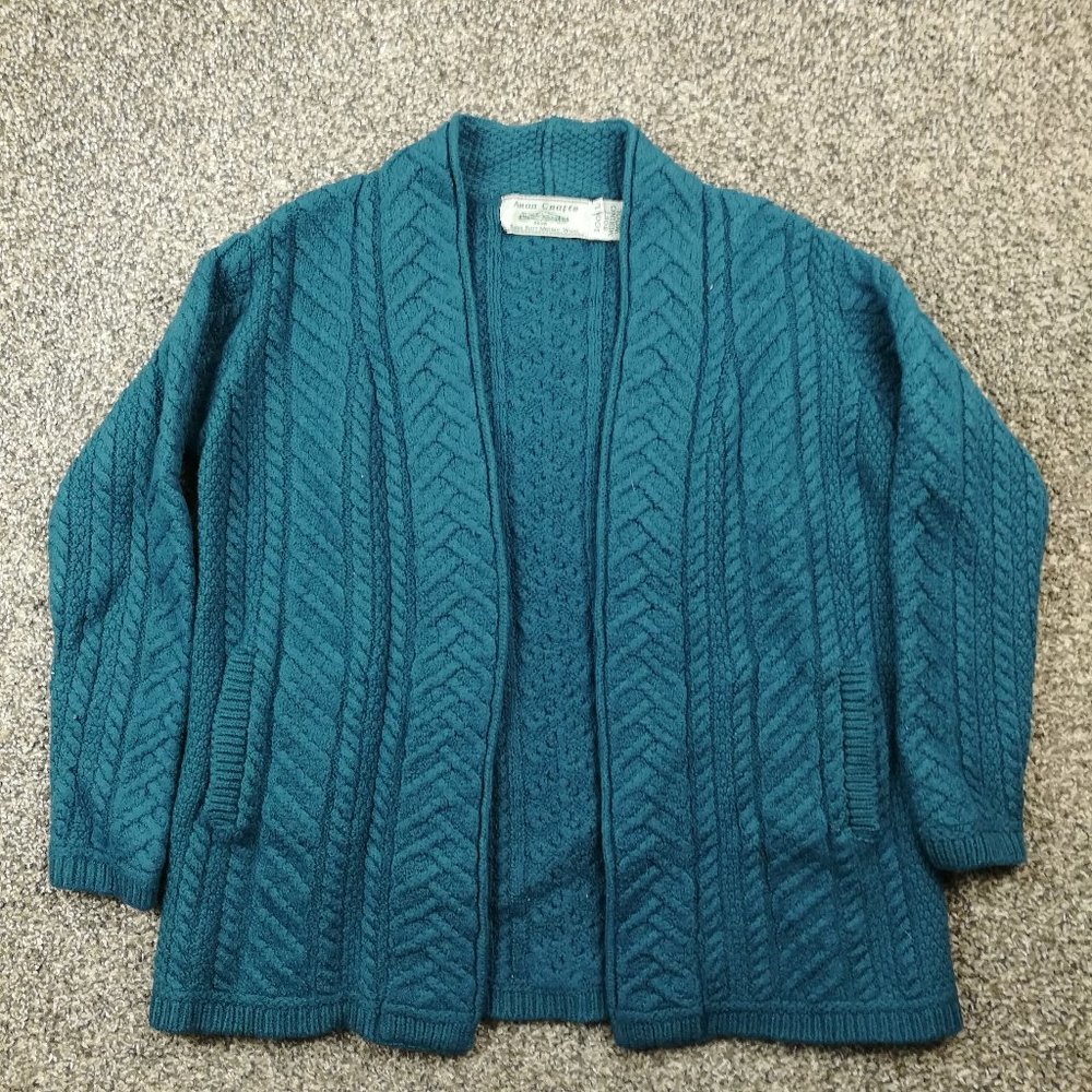 Aran Crafts Sweater Merino Wool Cable Knit Open Front Cardigan Blue Womens Large